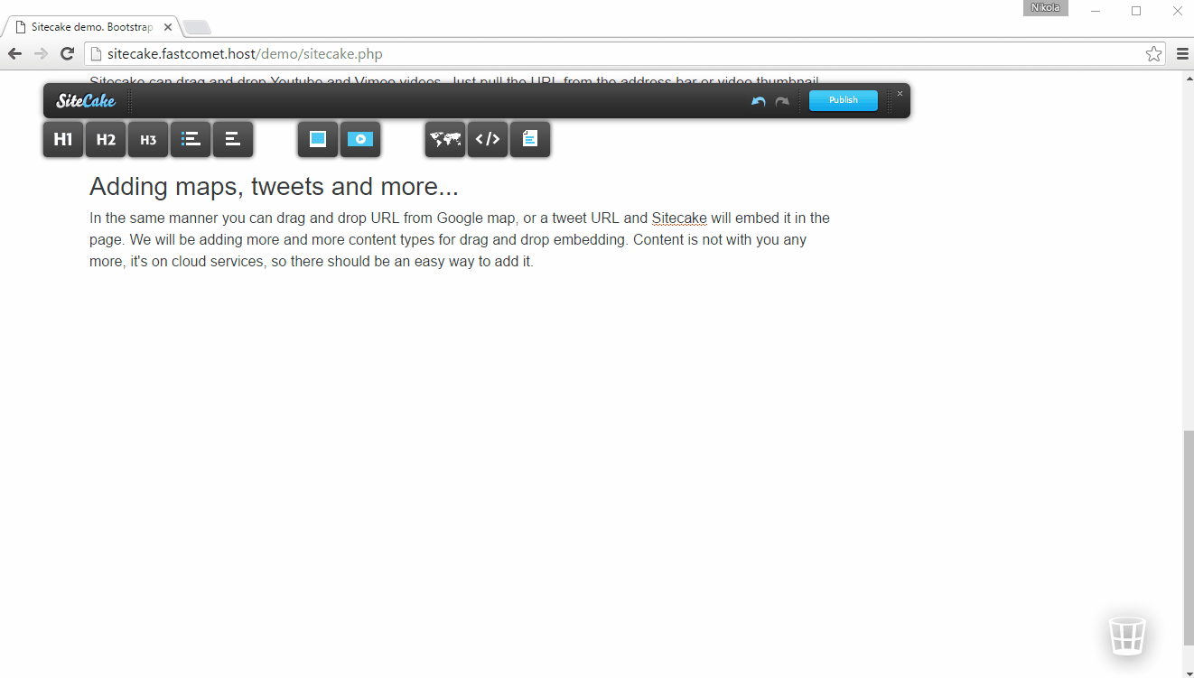 Dragging a Google Maps URL onto the page in Sitecake