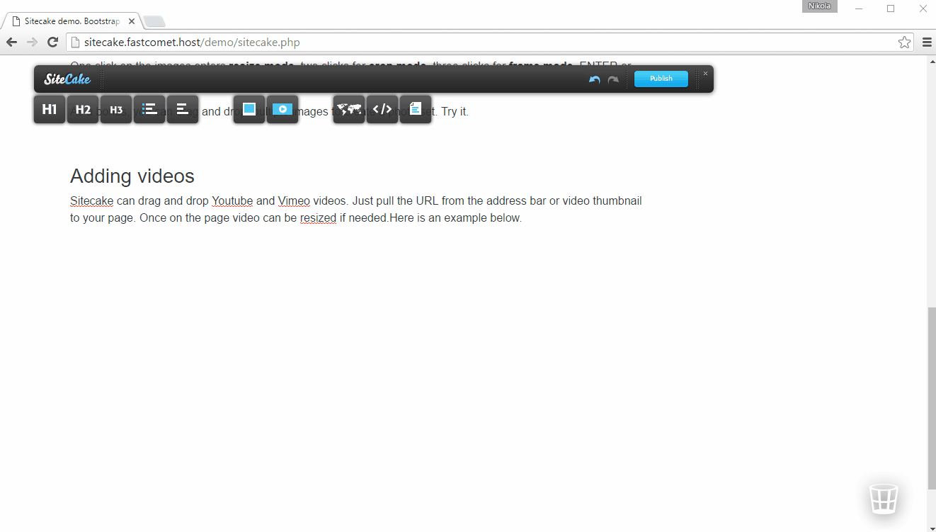 Dragging a video URL onto the page in Sitecake