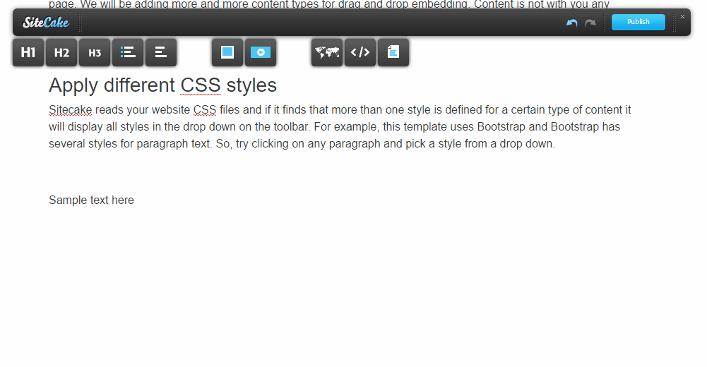 Picking a predefined style from the toolbar drop-down in Sitecake